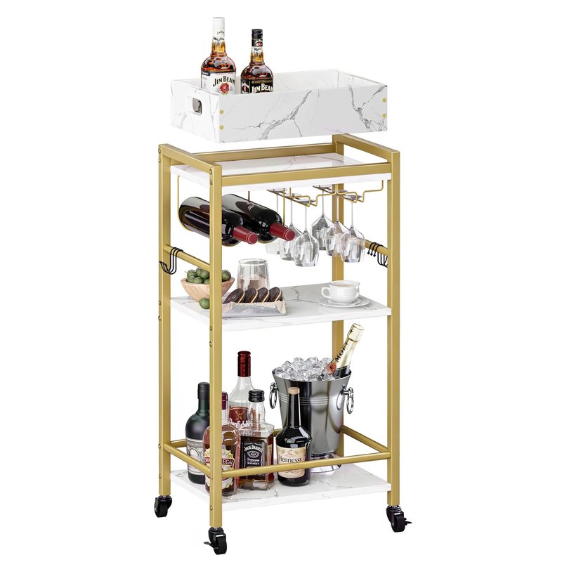 YAUKTAK 3-Tier Gold Bar Cart with Removable Tray, Small Bar Carts with Wheels, Rolling Beverage Cart, Drink Cart, Gold Wine Cart with Wine Rack for Kitchen, Living Room GBC513G