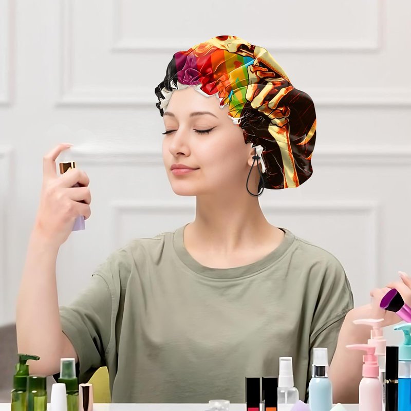 Cabreche Luxury Shower Cap Satin Silk Lined Adjustable Elastic Reusable Waterproof Shower Bath Cap Cute for Women Girls-Rainbow Skeleton