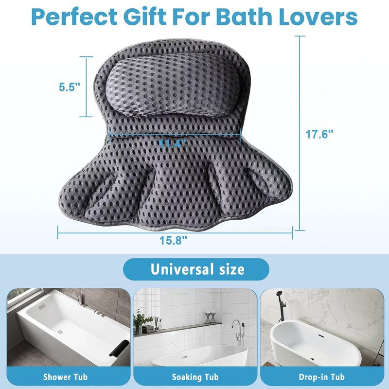 Luxury Bathtub Pillow, 4D Breathable Mesh Soft Bath Pillow with 6 Non-Slip Suction Cups, Ergonomic Head Neck and Back Support Bath Cushion, Comfortable Home SPA Bath Accessory, Ideal Gift for Women