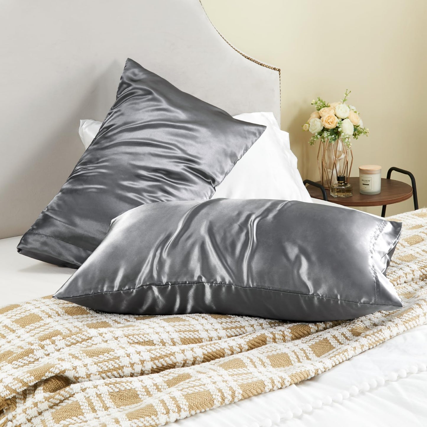 BEDELITE Satin Pillowcase for Hair and Skin, Super Soft and Cooling Similar to Silk Pillow Cases 2 Pack with Envelope Closure, Gift for Women Men(20"x30" Queen Size, Dark Grey)