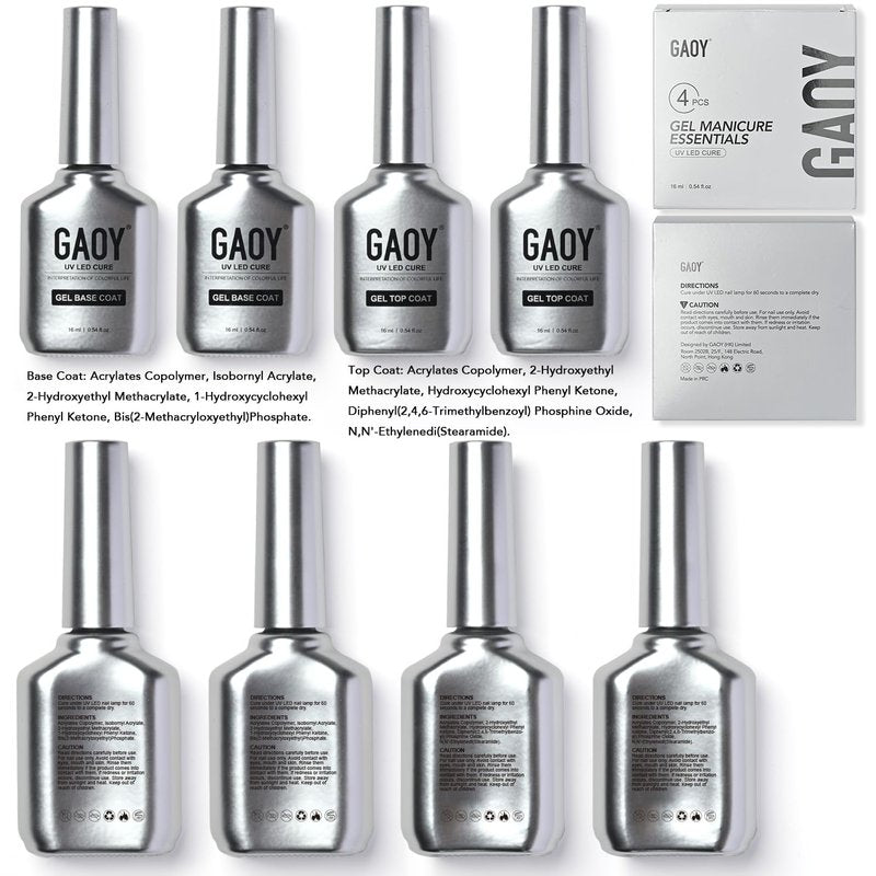 Glassy Gel Top Coat & Base Coat Set - 16ml No Wipe UV Nail Polish | 4 Pcs