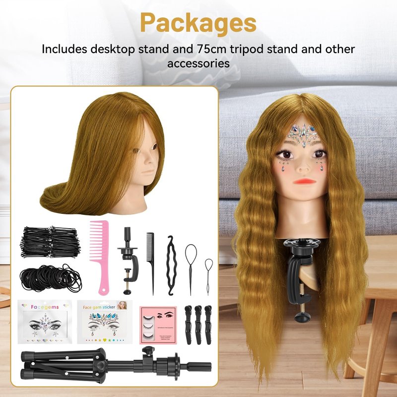 23" Mannequin Head with 90% Real Human Hair for Makeup Practice, Hairdressing Training, Braiding, and Styling with Adjustable Tripod Stand