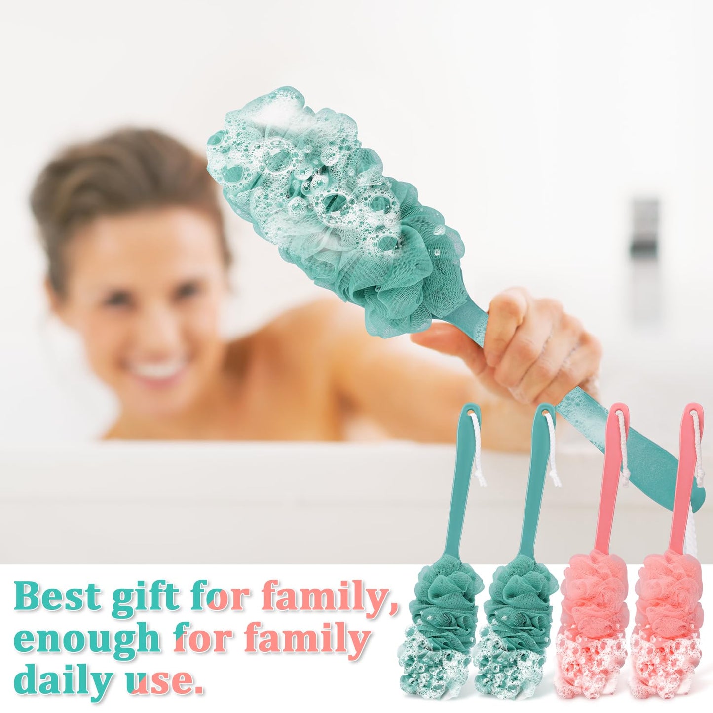 4Pack Back Scrubber for Shower Loofah with Long Handle, Shower Brush for Body, 17″ Loofah on a Stick for Men Women Bathing Accessories, Scrubber Sponge for Exfoliating Bath Brushes (Pink & Green)