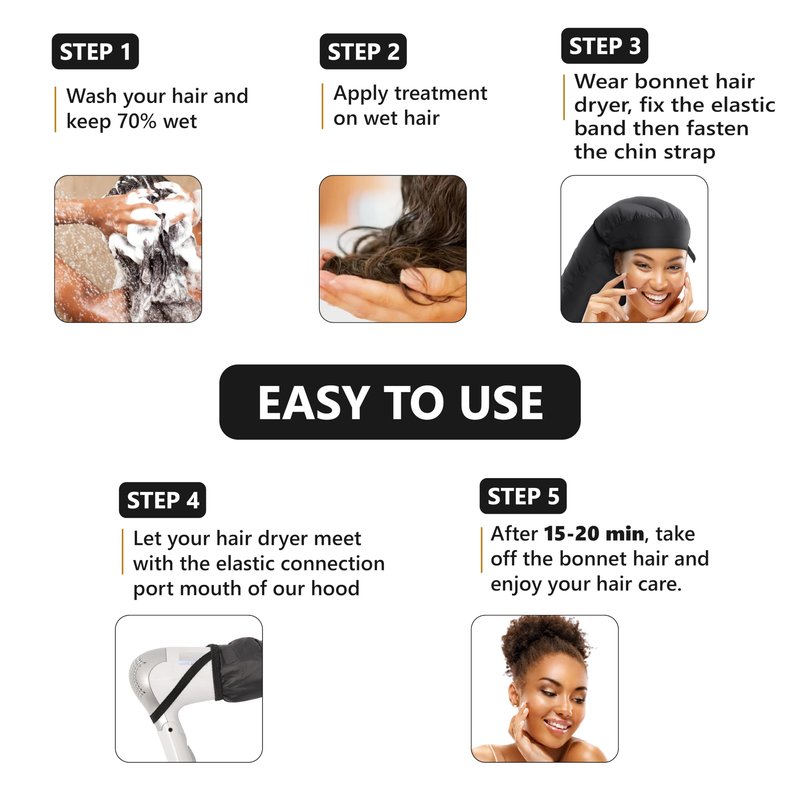 Large Hooded Hair Dryer Bonnet Attachment w/Integrated Headband - Reduces Heat Exposure Around Ears & Neck - Enhanced Size for Use with Rollers, Speeds Up Drying Time, Deep Conditioning at Home
