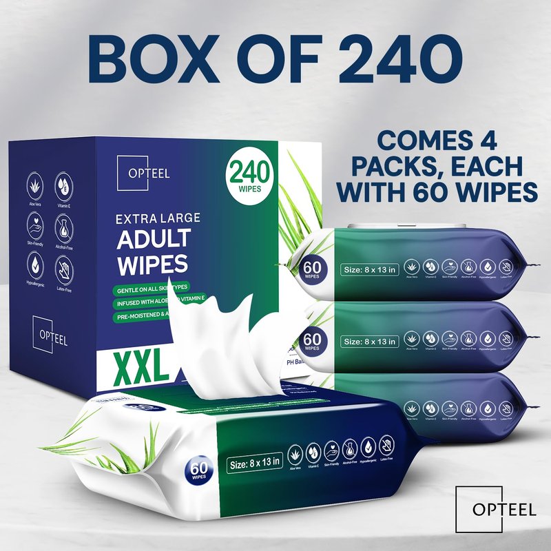 OPTEEL Adult Wipes For Elderly - 8"x13" Extra Large & Soft Wet Wipes for Adults Bathing - Incontinence Disposable Washcloths, Vitamin E & Aloe Infused for Men & Women 240ct (4 Packs of 60)