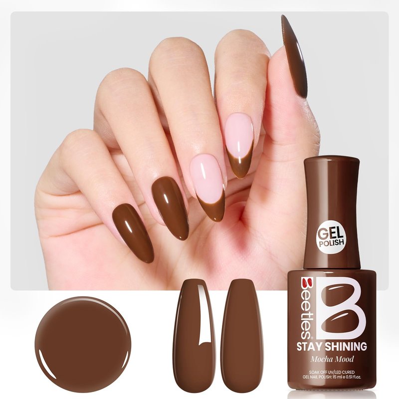 Beetles Brown Gel Nail Polish - Mocha Mood 15ML/0.51Fl Oz, Dark Brown Gel Polish, Same Color Same Bottle STAY SHINING Series, Soak Off UV LED Lamp Nails Art, Long-Lasting Manicure Salon DIY Home
