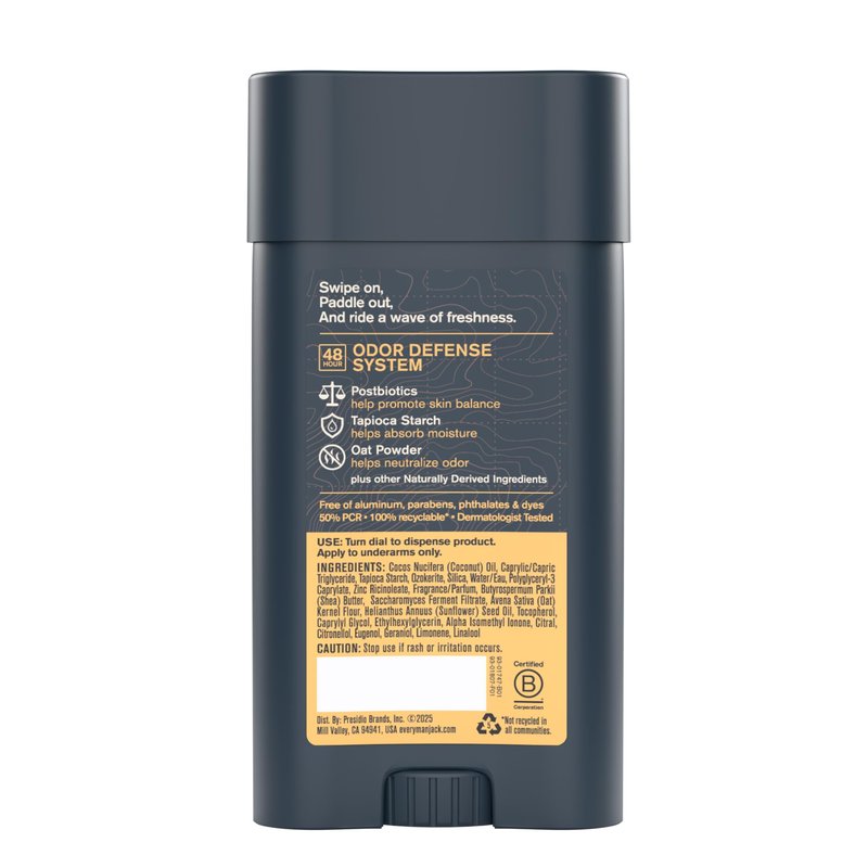 Every Man Jack Men's Deodorant - 48-Hour Odor Defense Blend - Aluminum Free - Contains Postbiotics, Tapioca Starch & Oat Powder - Pacific Surf Scent - 2.6 oz (2 Pack)