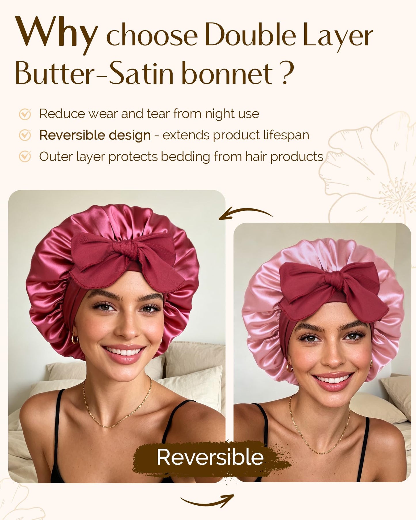 YANIBEST Adjustable Satin Bonnet for Sleeping Women Double Layer Hair Wrap Reduce Friction Prevent Frizz Natural Curly Hair, Purple Pink