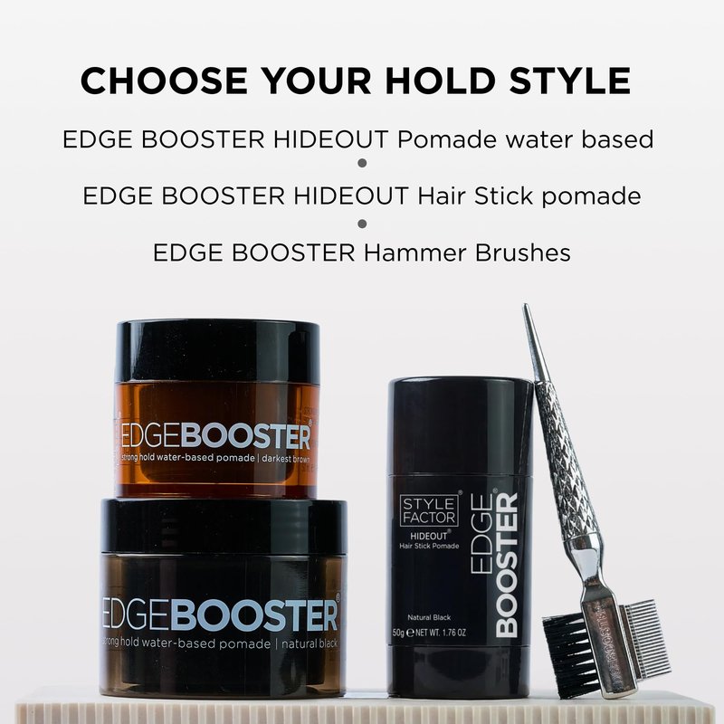 Style Factor EDGE BOOSTER Hideout Hair Pomade Stick | Strong Hold & Edge Concealer for Flyaways, Hair & Roots | Sleek Buns, Ponytails & Color Coverage | Black | 1.76oz