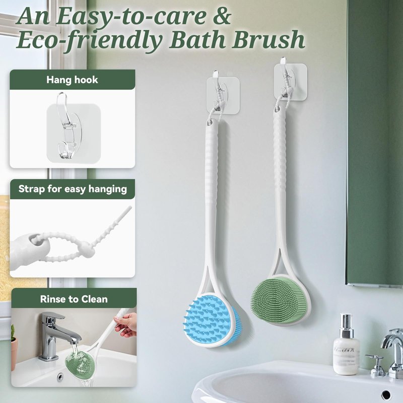 GEENOA Back Scrubber for Shower, 15.35’’ Soft Silicone Back Scrubber with Dual-Side Brush Head, Long Handle Back Brush Shower Brush with Lathering Soft Bristles and Scrubbing Thick Bristles(Green)
