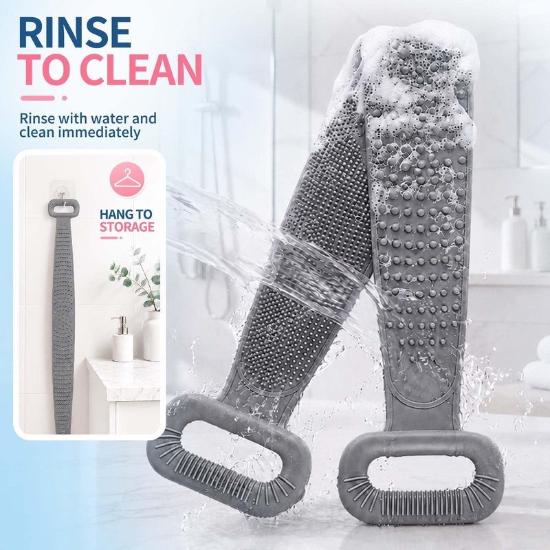 Manmihealth Silicone Back Scrubber for Shower, 36'' Extendable Back Washer with Long Strap Handle, Dual-Sided Silicone Body Brush for Men and Women (Gray)