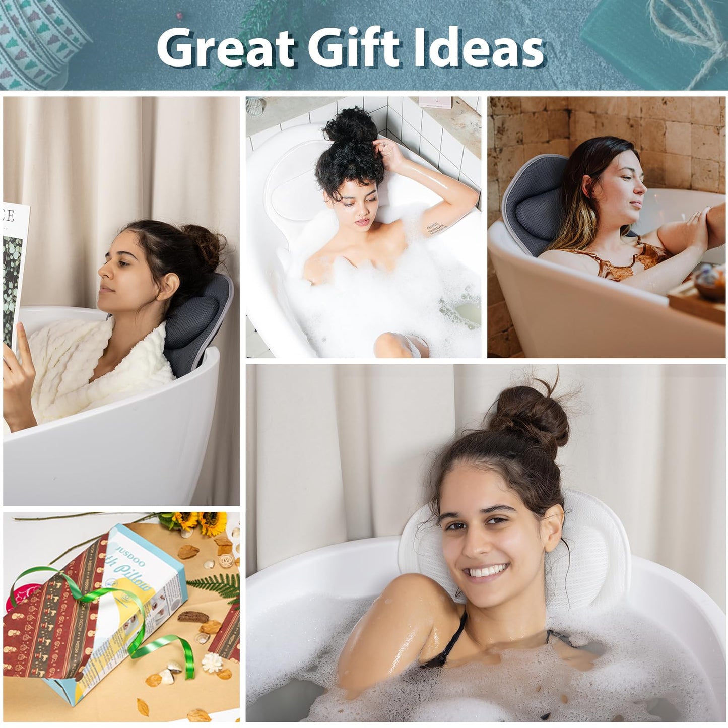 JUSDOO Bath Pillows for Tub Neck and Back Support - Upgraded Non-Slip Rubber Backing & 6 Suction Cups, 4D Air Mesh Spa Bathtub Cushion for Head Rest, Machine Washable with Laundry Bag & Hook(White)