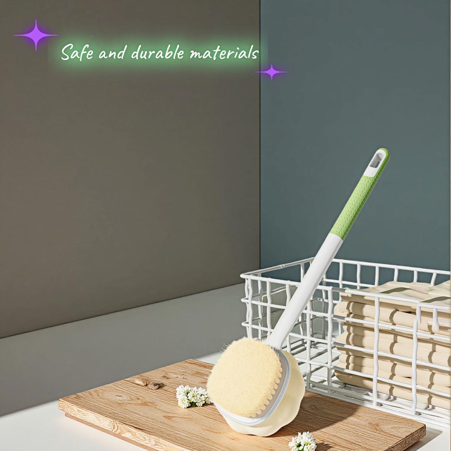 Dual-Sided Exfoliating Shower Brush, Soft Bristles & Loofah for Back Cleaning, Long Handle Back Scrubber for Deep Cleansing, Moisturizing Bath Sponge for Men Women
