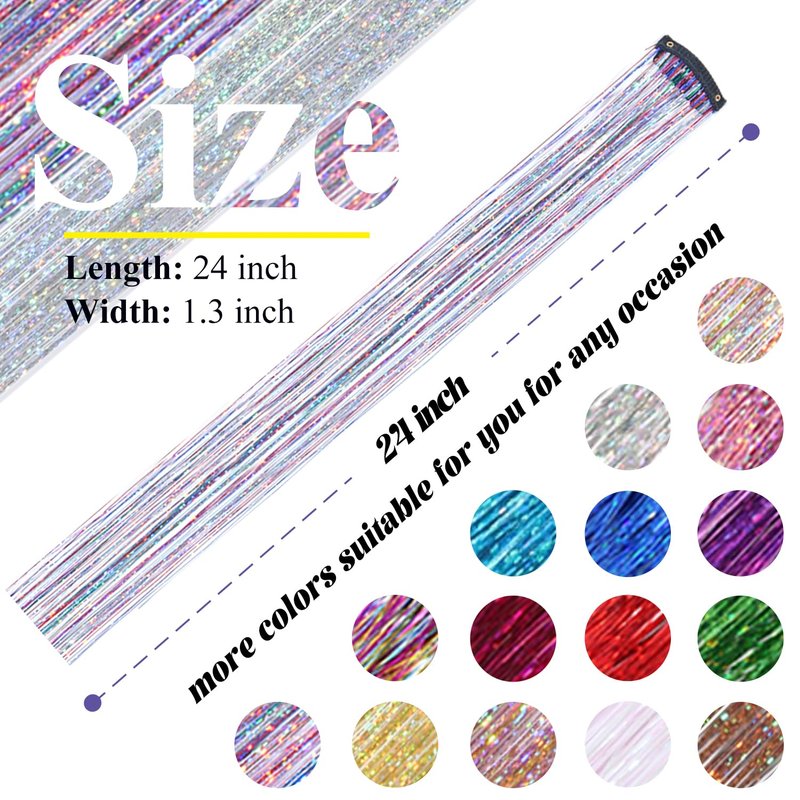 Hair Tinsel Clip in Dreamy Colorful Fairy Hair Tinsel Kit, 12 Pcs 24 Inch Glitter Clip in Hair Extensions for Girls Women Kids Christmas New Year Festival Party (Dreamy Colorful)
