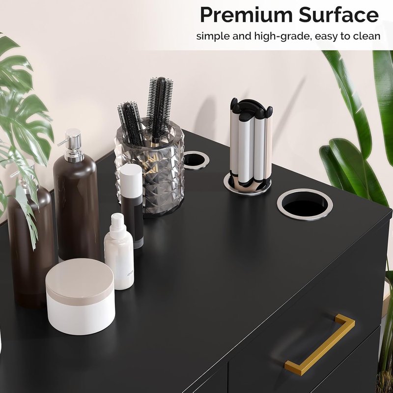 Beauty Barber Station - Salon Storage Cabinet with Drawers & Hair Dryer Holders | Black Styling Station for Hair Stylists
