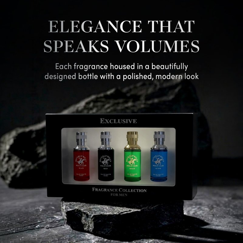 Beverly Hills Polo Club Men's Fragrance Collection - 4 Premium Eau de Toilette Colognes (1oz Each) - Diverse, Long-Lasting Scents: Blaze, Sexy, Rogue, Active - Ideal Gift Set for Him