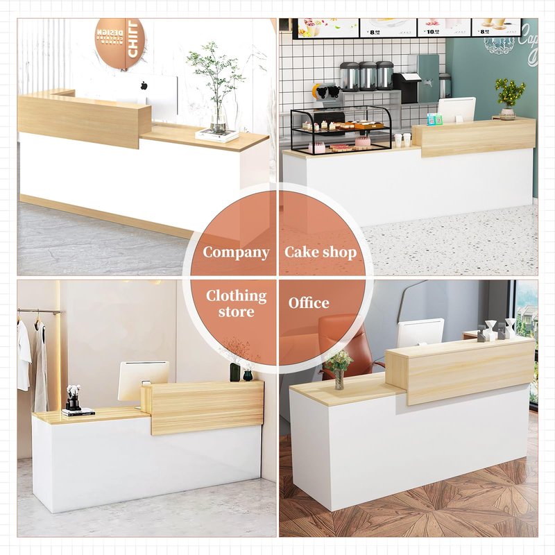 Modern Reception Desk with Drawer & Open Shelves, 39-95 Inch Front Counter Table, Computer Workstation Suitable for Salons, Offices, Lobbies, Retail Stores and Home Offices