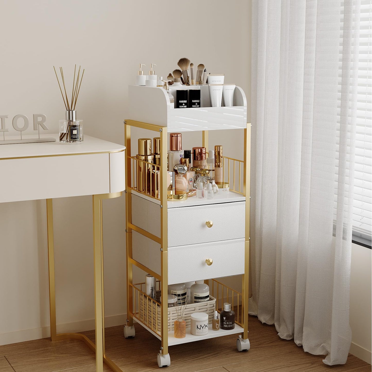 ZQUYAJ Makeup Organizer Storage Cart, Large Skincare organizers, Makeup Stand with Drawers, Makeup Vanity Organizer Cosmetics Display Cases Holder for Skin Care Nail Polish Perfume Makeup Brush (Gold)