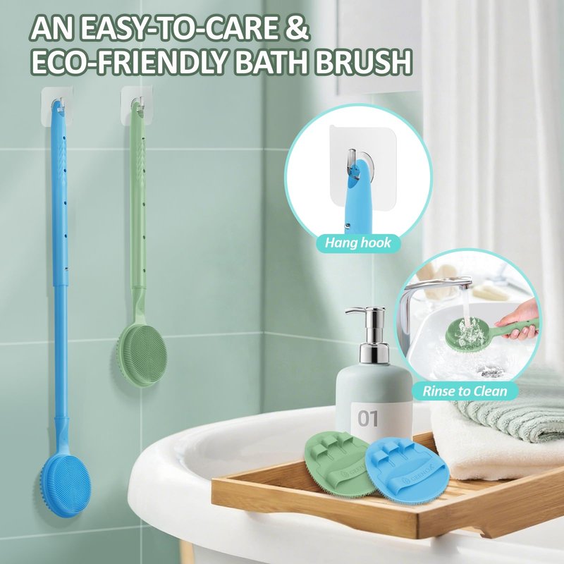 GEENOA Silicone Back Scrubber & Soft Bath Glove 2PCS, 16''- 24'' Extendable Shower Scrubber with Dual-Side Head, 360° Anti-Slip & Hand-fit Silicone Body Scrubber for Rich Foaming Deep Cleaning(Green)