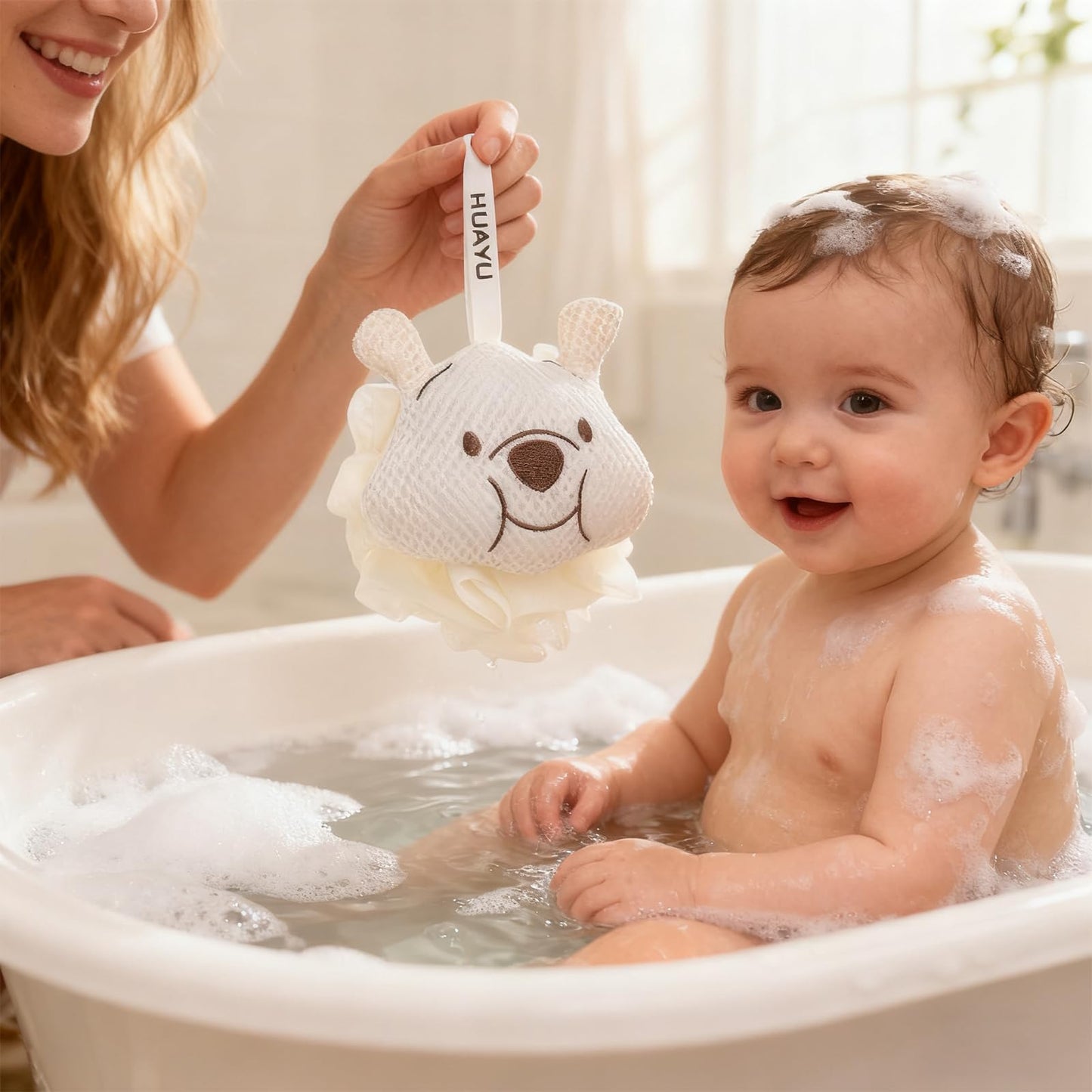 Kids Loofah, Cute Cartoon Animal Kids Bath Sponge with Hanging Rope, Soft Double Mesh for Rich Lather (Pink Octopus)