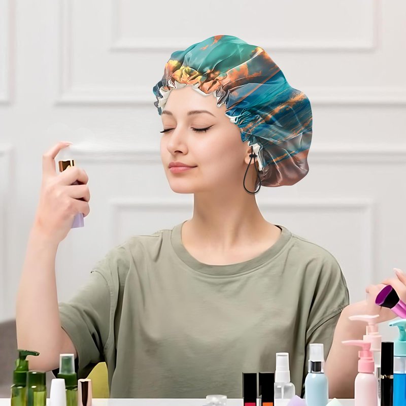 Cabreche Luxury Shower Cap Satin Silk Lined Adjustable Elastic Reusable Waterproof Shower Bath Cap Cute for Women Girls-Beach