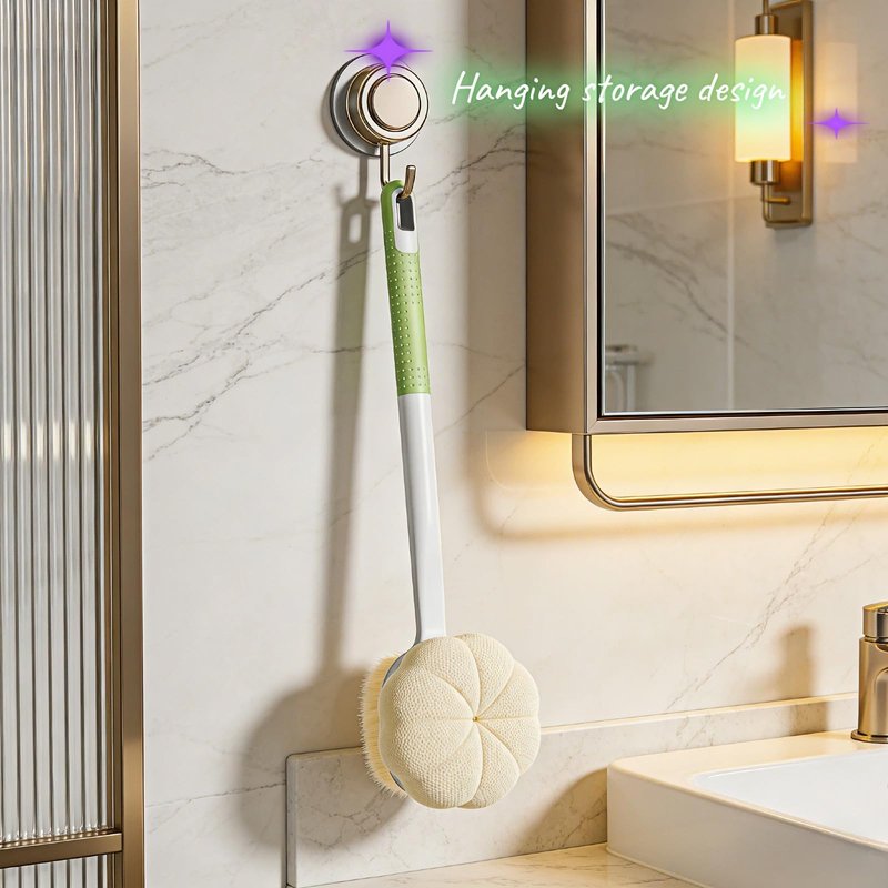 Dual-Sided Exfoliating Shower Brush, Soft Bristles & Loofah for Back Cleaning, Long Handle Back Scrubber for Deep Cleansing, Moisturizing Bath Sponge for Men Women