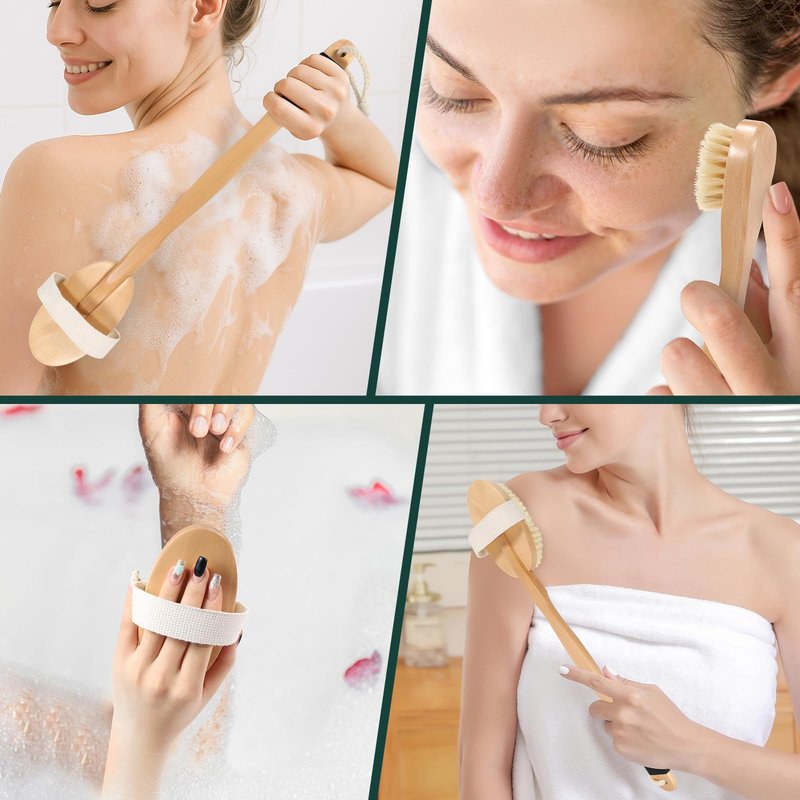 DEBETOOL Dry Brush Set for Body & Face - Dry Brushing Body Brush with Long Handle & 3 Replacement Heads (Soft/Medium/Firm) for Lymphatic Drainage Cellulite
