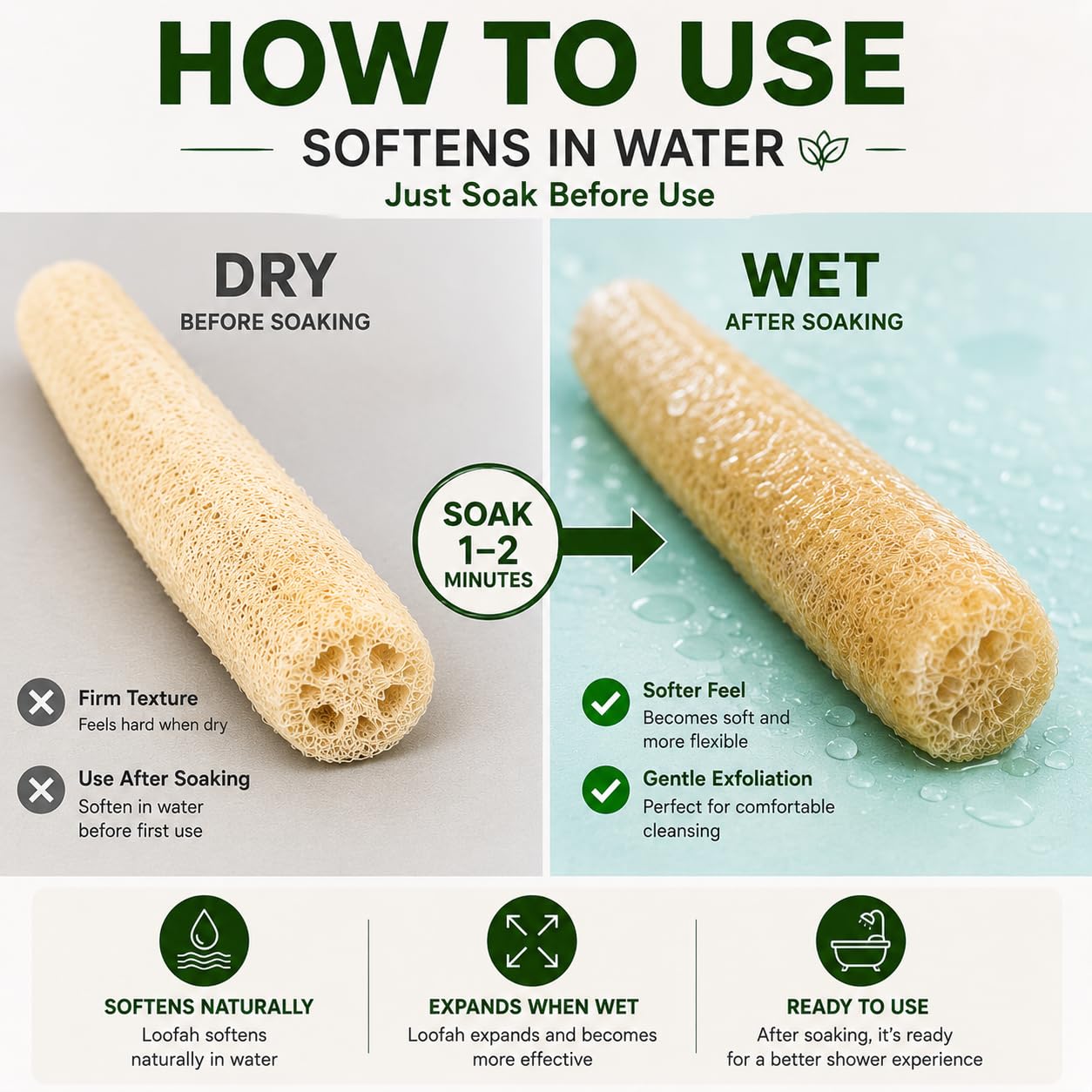 VEROMOVE Extra Long Natural Loofah Sponge, Dried Luffa Shower Sponge, Cut-to-Size Plant Fiber Body Scrubber for Exfoliating