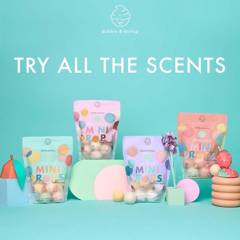 Dabble & Dollop Mini Bath Bombs, Soothing Scents - Natural Origin, Mixable Scents, Clean Ingredients, No Synthetic Dyes, Toddler & Kids Bath Bombs in Resealable Pouches (Set of 24)