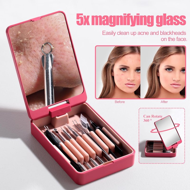 JPNK Blackhead Remover Tool Kit - 8-Piece Comedones Extractor & Eyebrow Trimmer with 5X Mirror (Silver)
