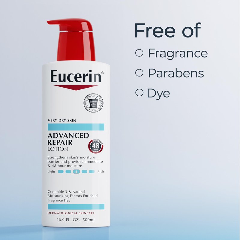 Eucerin Advanced Repair Lotion, Urea Enriched, Unscented Body Lotion for Dry Skin With Triple Moisturizing Complex, 16.9 FL OZ Bottle