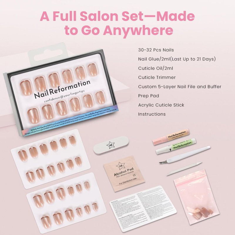 Nail Reformation Press On Nails, Shimmer Bright | Short Square Fake Nails in Brown French Tip on Neutral Base in Velvet Finish, Reusable Stick On Nails in 15 Sizes - 30 False Nail Kit for Women Gifts