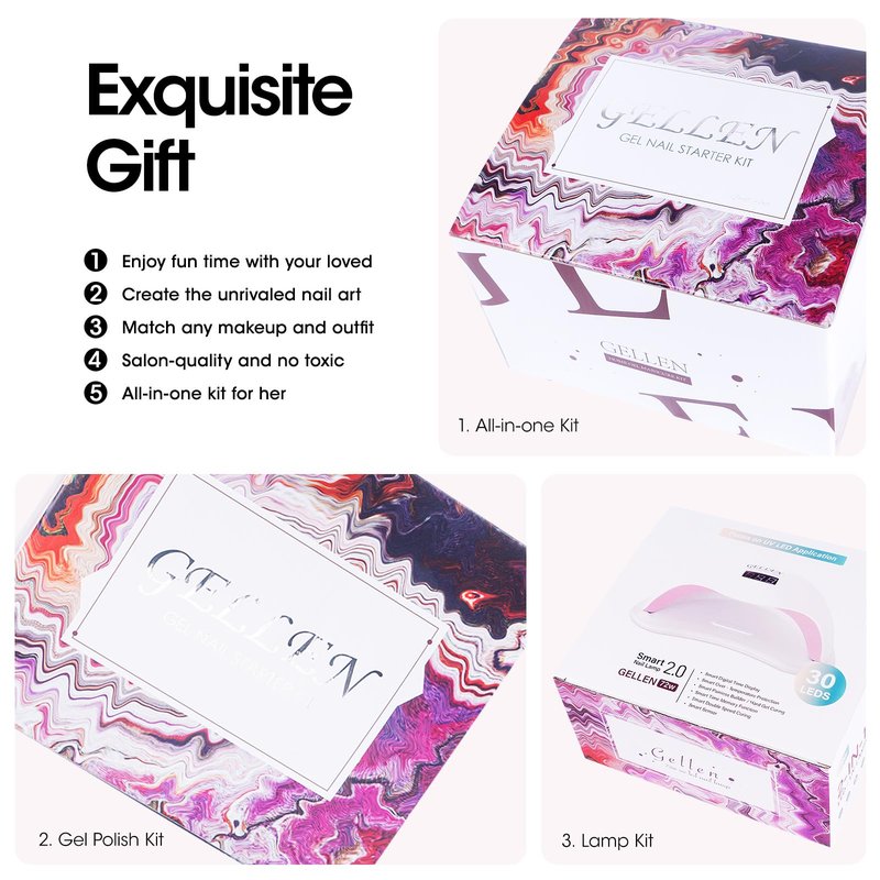 Gellen Gel Nail Polish Kit with U V LED Light 72W Nail Dryer, 12 Trendy Colors Nail Gel Polish, No Wipe Top Base Coat, Nail Art Decorations, Manicure Tools, All-In-One Manicure Kit, Bright and Pastels