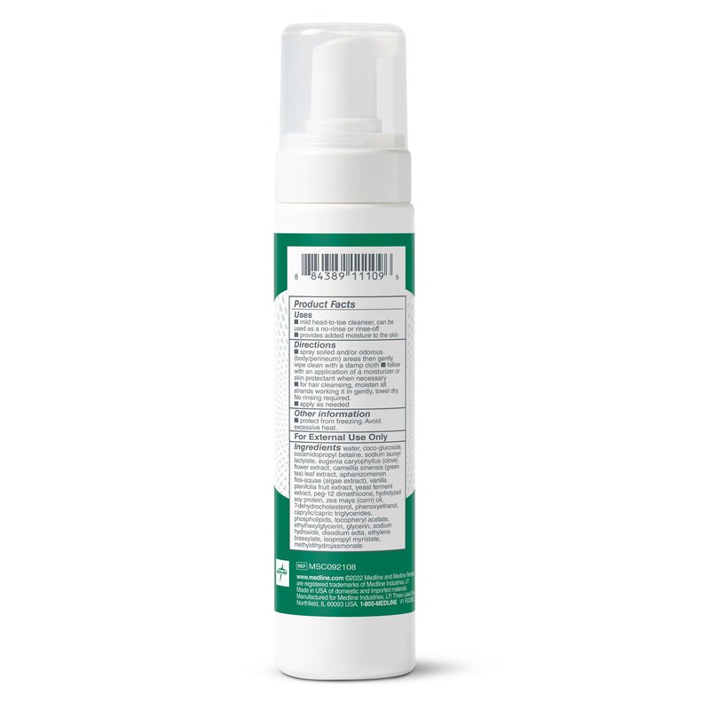 Medline Remedy Clinical No-Rinse Foam Cleanser, Vanilla Scent (8 fl oz), No Rinse Shampoo and Body Cleanser for Sensitive Skin, Hydrating, Paraben and Sulfate Free, For Face, Body, and Hair, All Ages