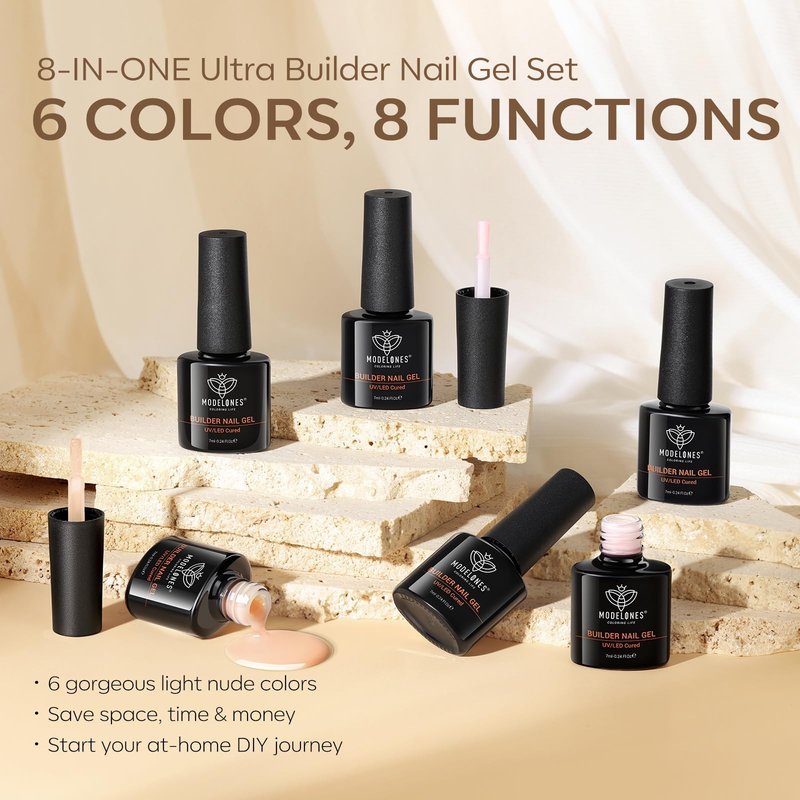 modelones Gel Polish Builder Nail Gel, Base Colors 8-in-One Jelly Caramel Brown Nude Pink Clear Builder Nail Gel Polish for Hard Extension Rubber Lamp Cured 6 Colors