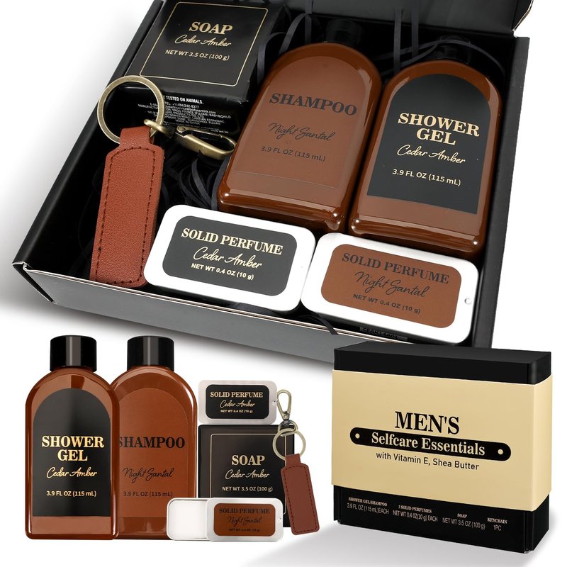 BODY & EARTH Gifts for Men, Personal Care Set for Men, Cedar & Sandal mens gifts with Shampoo, Shower Gel, Soap, keychain, Fathers Day Christmas Birthday Gifts for Him