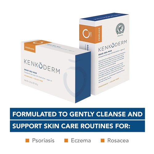 Kenkoderm Psoriasis Dead Sea Mud Soap with Argan Oil & Shea Butter, Natural Exfoliating Body & Face Cleanser for Sensitive Skin, Fragrance & Color-Free, 4.25 Ounce, 1 Bar