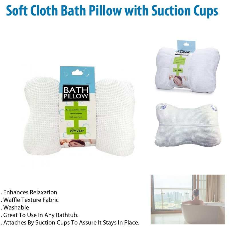 Kole Bath Pillow with Suction Cups - Soft Cloth, White, Cotton, Neck/back Support While Bathing