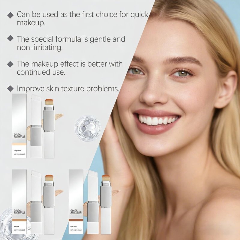 Color Changing Foundation Stick, 2-in-1 White Foundation Stick, Matte Finish Dual-Ended Foundation Makeup Stick with Brush, Long Lasting, Waterproof, Oil-control(Dark skin)