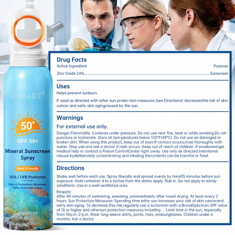 Reef Safe Mineral Sunscreen Spray SPF 50+ with Zinc Oxide, Broad Spectrum UVA/UVB Protection, Lightweight Non-Greasy, Travel Size Sunscreen for Face & Body, Water & Sweat Resistant, 6.76 oz(2 Pack)