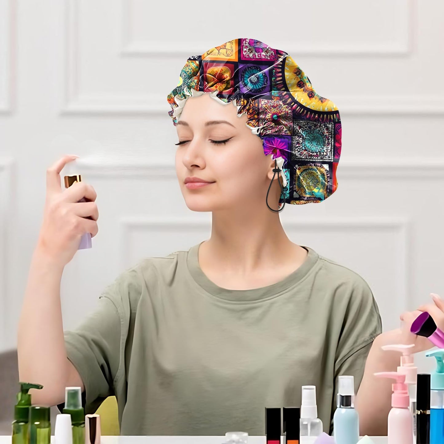Cabreche Luxury Shower Cap Satin Silk Lined Adjustable Elastic Reusable Waterproof Shower Bath Cap Cute for Women Girls-Mandela