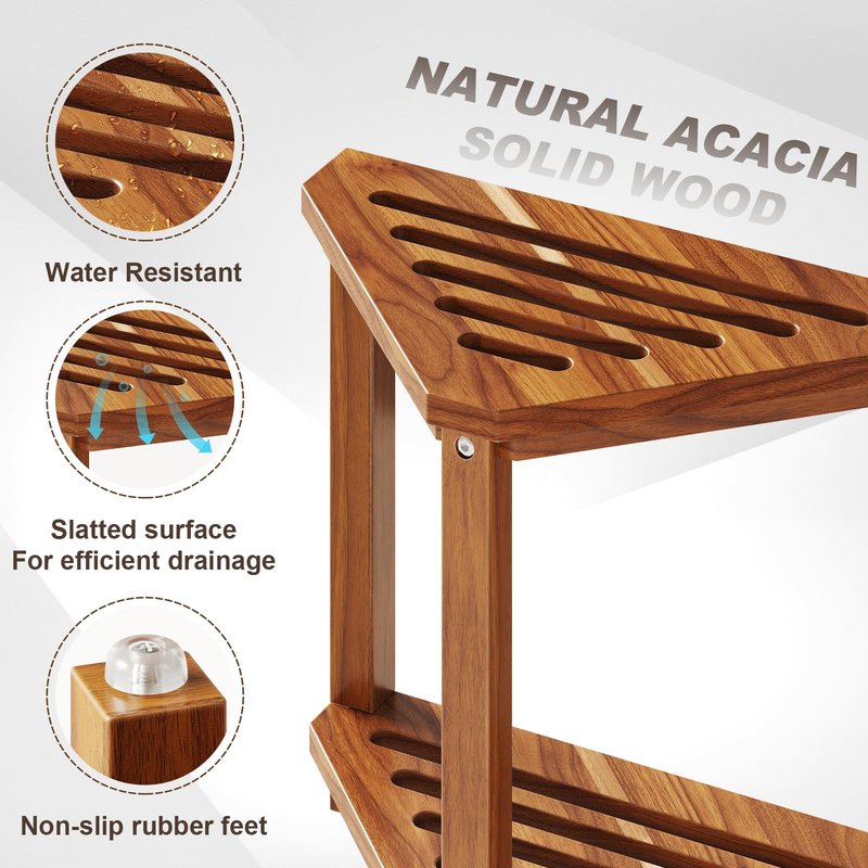 Kzeirm Corner Shower Stool for Inside Shower, 14" Shower Foot Rest Stool for Shaving Legs, Acacia Wood Corner Shower Shaving Step Stools, Waterproof Leg Shaver Foot Rest Bench Seat