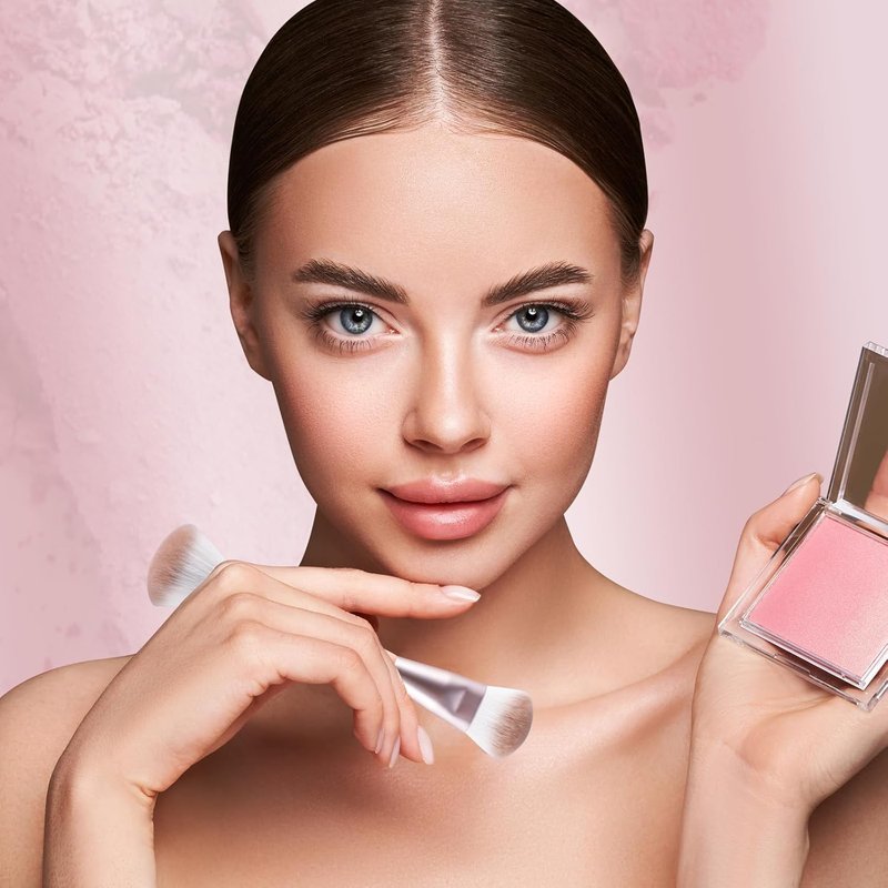 Skiennix Dual Ended Makeup Brush - 2-in-1 Angled Face Sculpting & Fluffy Blush Brush | Premium Synthetic Bristles, Travel-Friendly (Rose Gold)