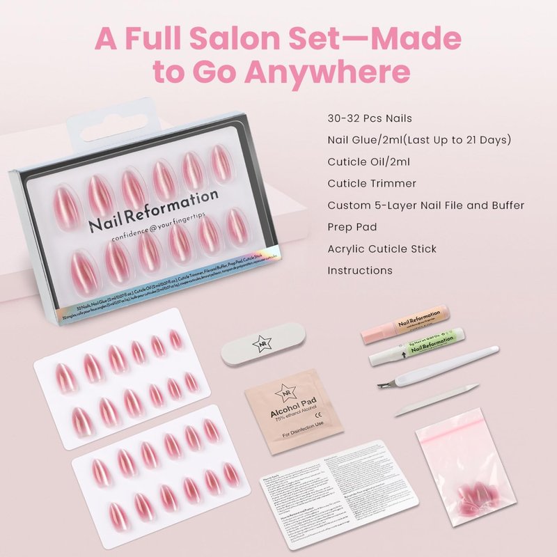 Nail Reformation Press On Nails, Sakura | Blushing Pink Ombre Short Almond Fake Nails with Velvet Finish, Salon Quality, Reusable Stick On Nails in 16 Sizes - 32 Nail Kit with Glue, Gifts for Women