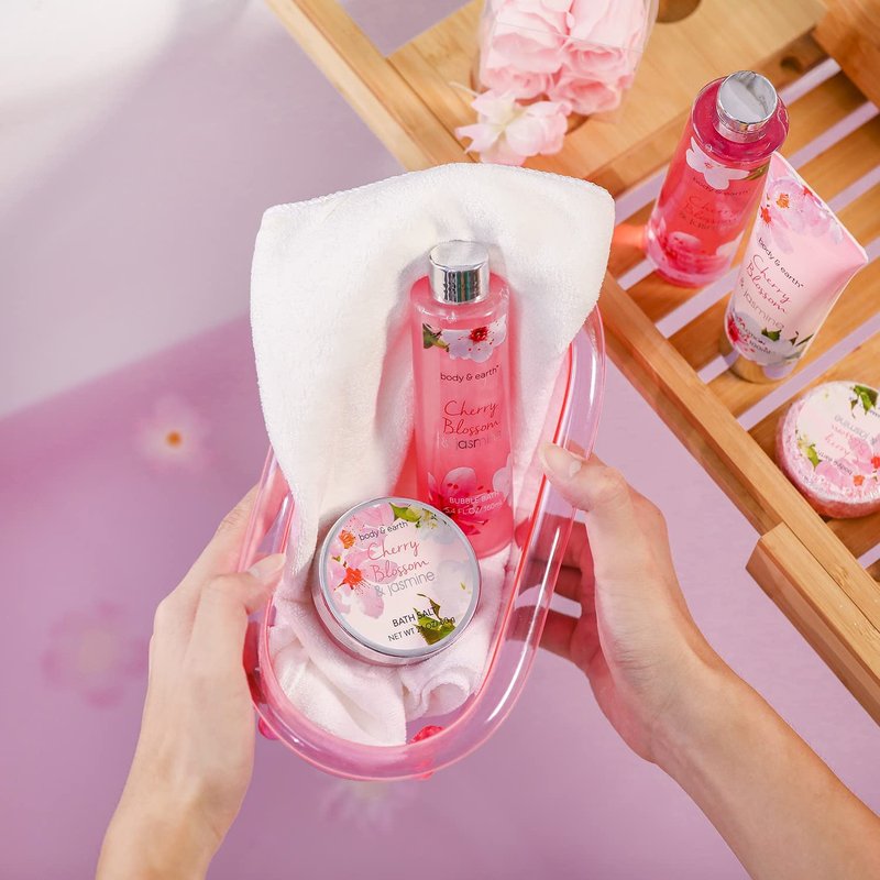 Body & Earth Gift Baskets for Women Bath and Body Set for Her, Cherry Blossom & Jasmine Spa Gifts for Women , Birthday, Mother's Day Gifts for Wife, Girlfriend, Mom