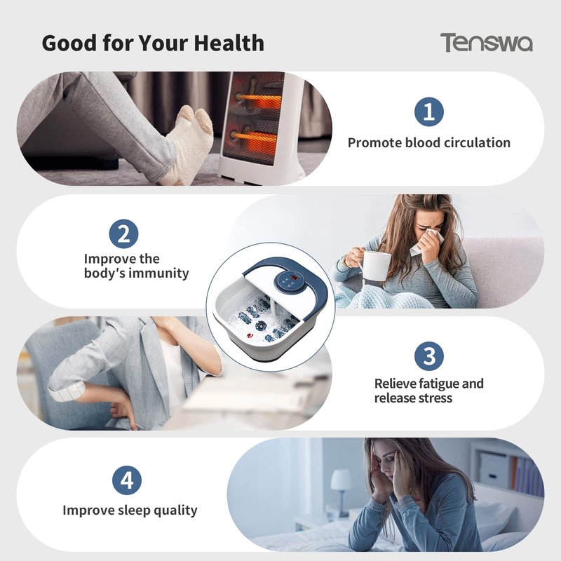 Tenswa Collapsible Foot Spa Bath Massager with Heat, Bubbles, Pedicure Foot Spa with 8 Rollers, Tub for Stress Relief, Soaker with Mini Acupressure Massage Points & Temperature Control