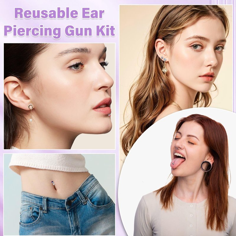 Professional Ear Piercing Gun, Reusable Ear Piercing Machine with Colorful Crystal Earrings Set for At Home Salon Earlobe Cartilage Helix Tragus Piercing Tool Kit