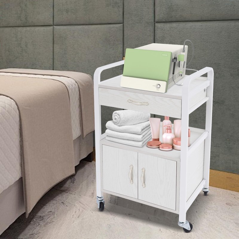 KUMOYOU Rolling Salon Storage Trolley Cart, with Drawers Movable Beauty Organizer, Hair Salon Station Cabinet for Stylist, Barber Shop,Home (White)