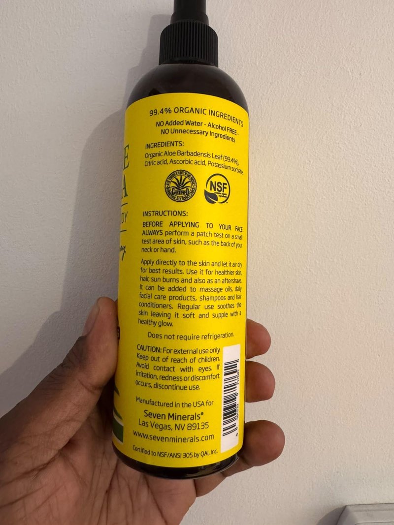 Seven Minerals, Aloe Vera Spray for Body & Hair - From Freshly Cut Organic Aloe (99%), Extra Strong, Easy to Apply, No Thickeners So It Absorbs Rapidly, No Sticky Residue - Made in USA (12 fl oz)