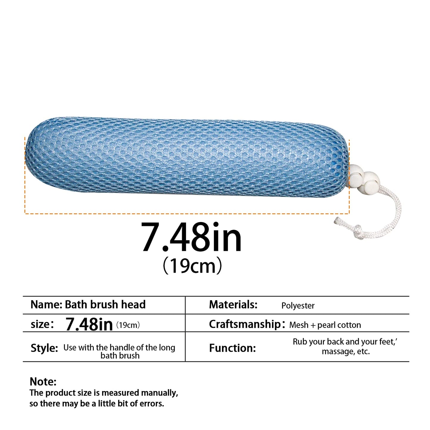 KkaFFe Bath Brush Head with Sponge,Back Scrubber Bath Mesh Bath Body Brush Head for Elderly Aid Bathing and Shower (Blue Head)